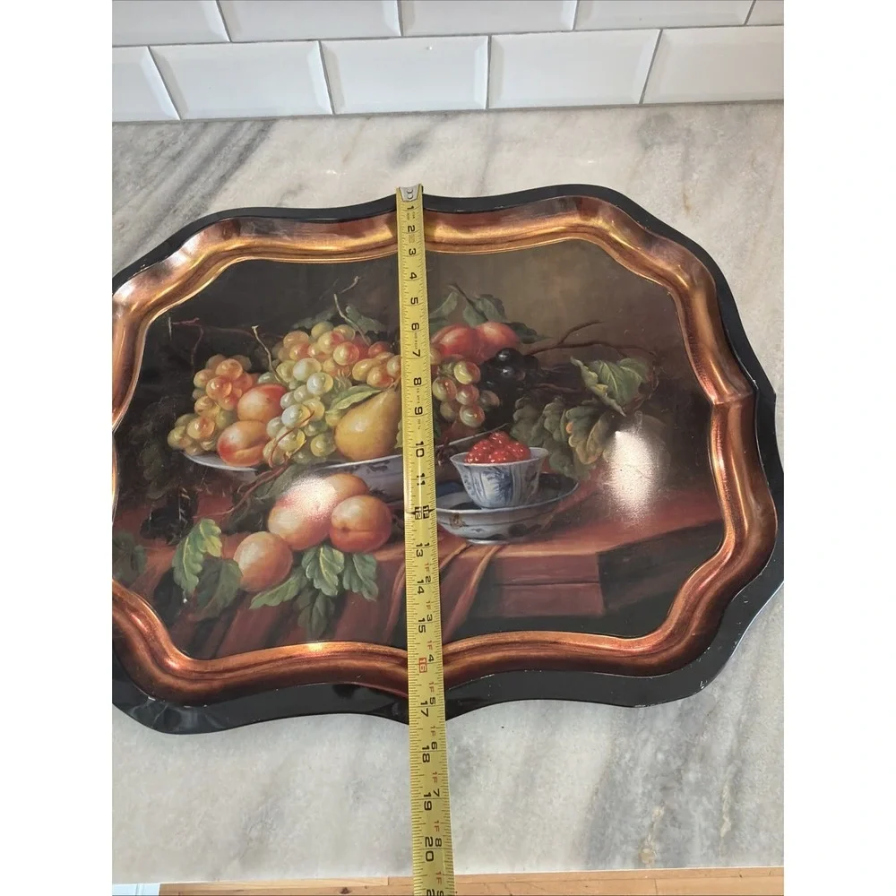 Vintage Tole Style Black Metal Tray Spanish Fruits Gold Trim GWB002